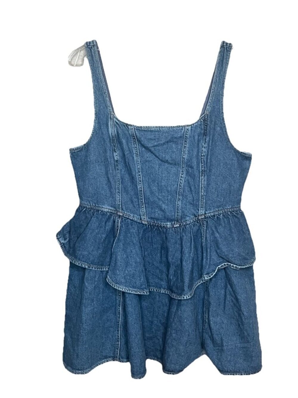 H&M Denim Mini Dress Sz L Blue Peplum Zip Back 100% Cotton Square Neck Y2K NWT